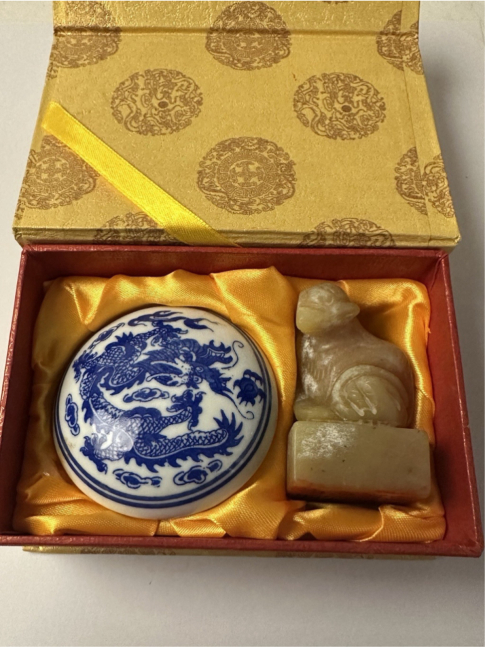 Vintage Chinese Carved Soapstone Chop Seal & Blue White Cinnabar Ink Box Set